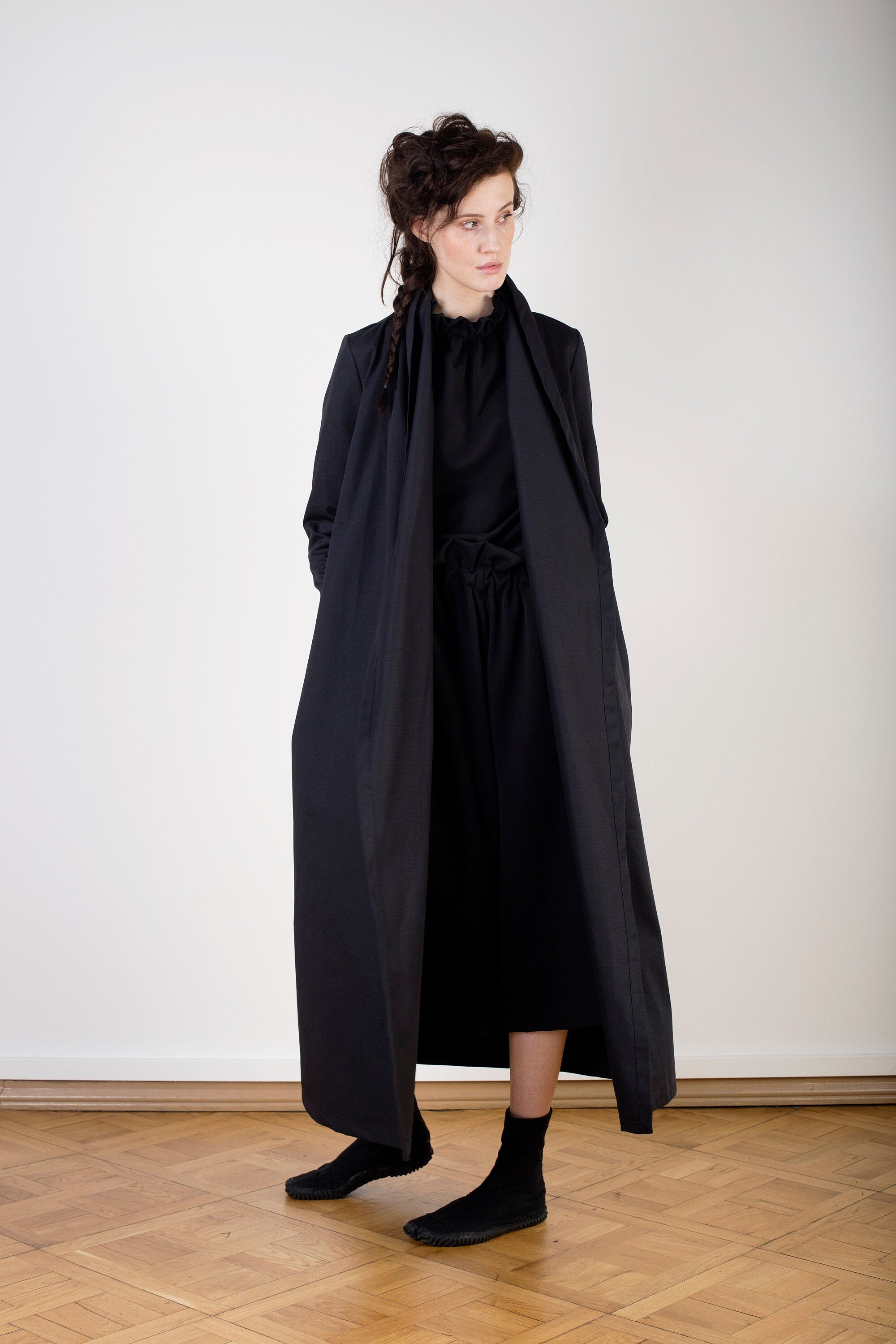 Long Spring Jacket, Black Minimalist Coat, Shawl Collar Long Spring Jacket, Black Minimalist Coat, Shawl Collar