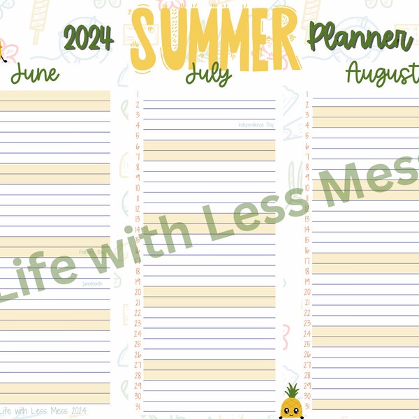 2024 - Simple Summer Planner - Summer Calendar Planner - Summer at a Glance