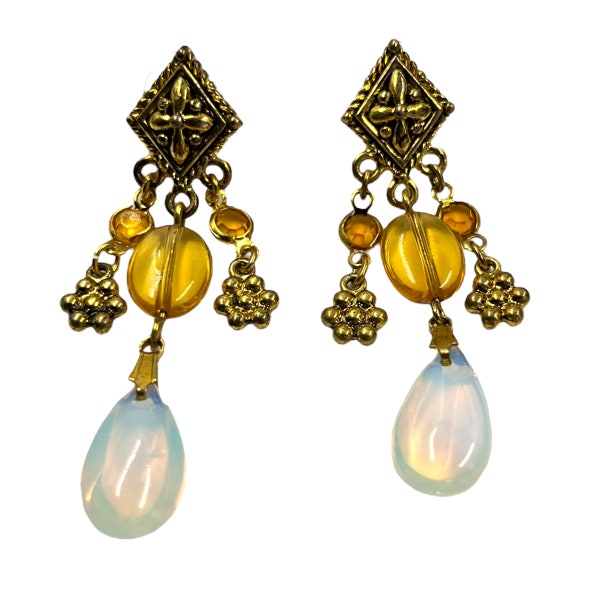Vintage Avon Gold Drop Earrings Victorian Edwardian Revival Art Nouveau Byzantine Etruscan Opalescent Honey Brown Beaded Statement Jewelry