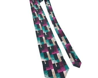 Vintage 80s Len El Silks Tie: Geometric Abstract Silk Necktie