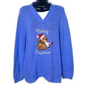 Vintage Cat Lover Christmas Sweater 1990s Y2K Blue Grandmacore Cottagecore Holiday Party Ugly Tacky M “Meowy Christmas” by Christopher Banks
