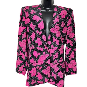 Vintage Polka Dot Rose Blazer 1980s 1990s Black Pink Floral Cottagecore Jacket Retro Colorful Size 8 by SK & Company