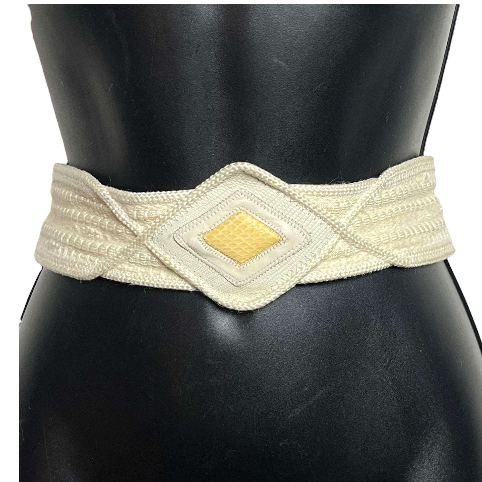 Vintage Cream Boho Sash Belt: 1980s Woven Fabric & Leather  display picture 2