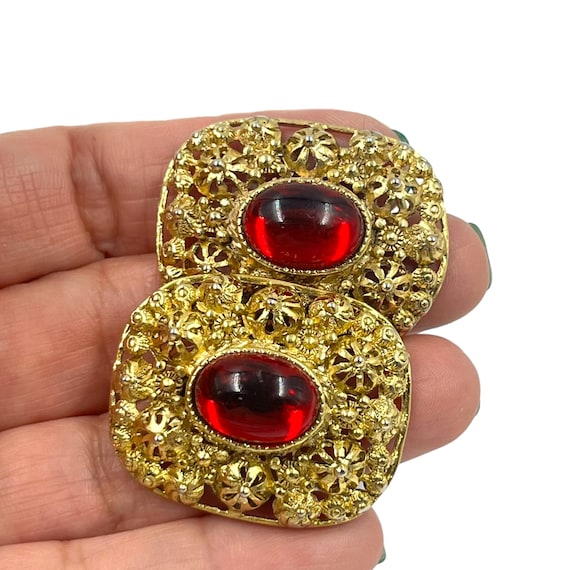 Vintage Chunky Red Acrylic Rhinestone Earrings 19… - image 2