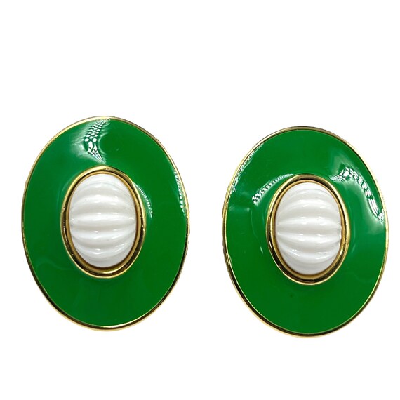 Vintage Monet Green White Earrings 1980s 1990s Go… - image 1