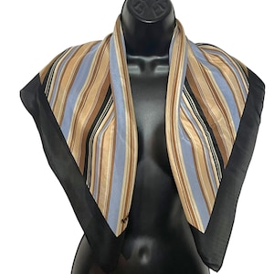 Vintage Midcentury Cacharel Scarf 1970s Brown Blue Stripes Funky Retro Ladies Fashion Accessory
