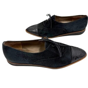 Vintage 80s Bruno Magli Black Suede Croc Cap Toe Oxfords Flats Sz 6.5 AA Italy