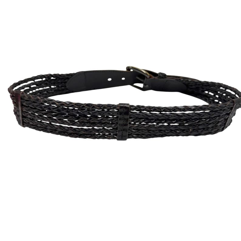 Vintage Brighton 80s 90s Black Braided Stretch Leather Belt Brass Buckle Size L image 3