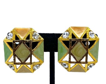 FAB Vintage Avon Enamel Earrings 1980s 1990s Chunky Runway Couture Art Deco Gold Green Peach Cream Oversized Geometric Statement Jewelry