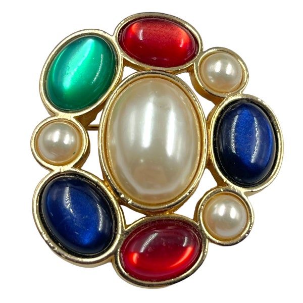 Vintage Avon Moghul Style Brooch Pin Pendant 1980s 1990s Runway Gold Tone Faux Pearl Multicolor Lucite Colorful Retro Statement Jewelry