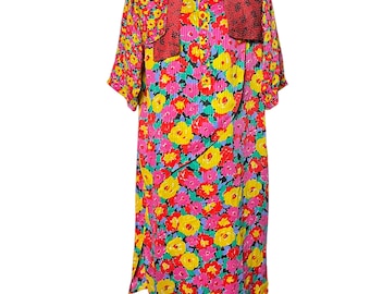 Vestido vintage de patchwork: estampado floral multicolor de los años 80 y 90, talla M/L