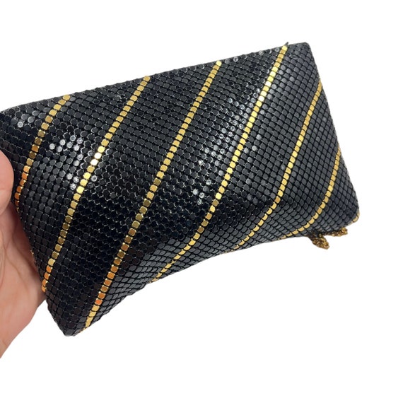 Vintage Black Metal Mesh Purse 1980s 1990s Gold Strip… Gem