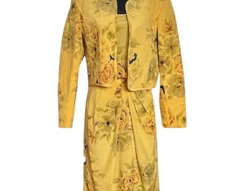 Traje de falda de seda vintage Louis Feraud: conjunto de 3 piezas con estampado floral amarillo, talla 6