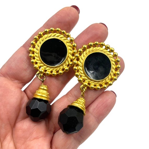 Vintage Black Enamel Drop Earrings 1980s 1990s Ru… - image 3