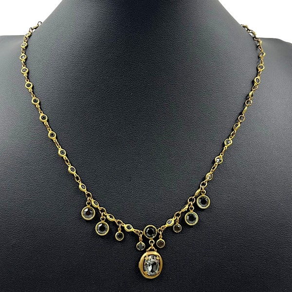 Vintage Liz Palacios Rhinestone Necklace 1990s Y2K Delicate Antiqued Gold Chain Victorian Revival Art Nouveau Style Statement Jewelry