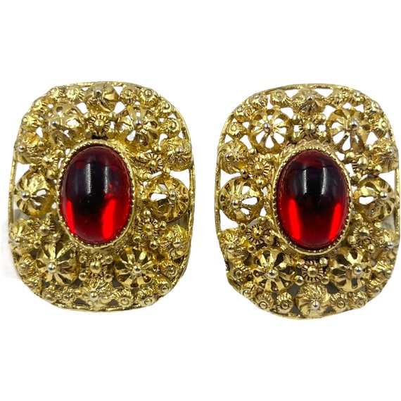 Vintage Chunky Red Acrylic Rhinestone Earrings 19… - image 1