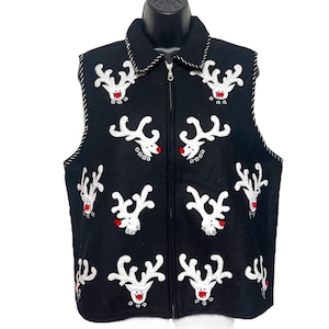 Vintage Reindeer Wool Christmas Vest 1990s Y2K Festive Holiday Cottagecore Grandmacore Patchwork Applique by Lifestyle Size L
