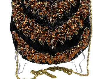 Vintage La Regale Satin Beaded Purse 1980s 1990s Runway Bronze Black Beaded Sequin Leaf Feather Pattern Gold Chain Formal Evening Bag