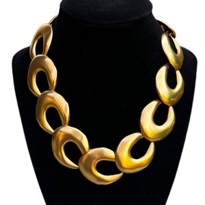 Vintage Matte Gold Chunky Necklace 1980s 1990s Oval Crescent Chain Link Runway Couture Designer Quality Statement Jewelry