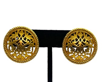 Vintage Matte Gold Filigree Earrings 1980s 1990s Runway Couture Chunky Art Nouveau Byzantine Etruscan Floral Buttons Statement Jewelry