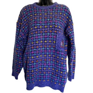 Vintage Purple Neon Polka Dot Sweater 1980s 1990s Long Tunic Embroidered Crest Pocket by Kittyhawk Size M