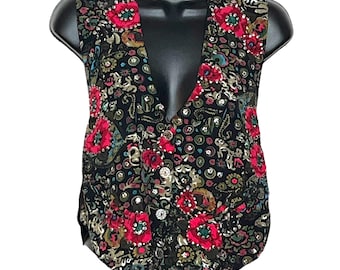 Vintage Sequin Floral Vest: 1980s Boho Rayon Top, Size S