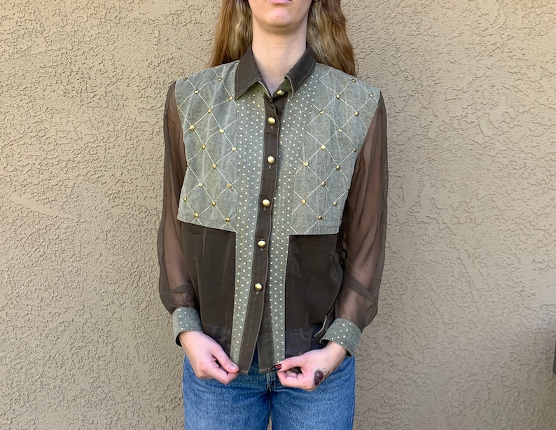 SUPERB Vintage Vera Cristina Blouse 1980s 1990s Runway Couture Khaki Green Quilted Denim with Sheer Chiffon Sleeves Gold Polka Dot Studded S