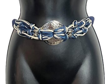 Vintage Macrame Belt: Blue Silver Metal Chain Sash, Size M-L