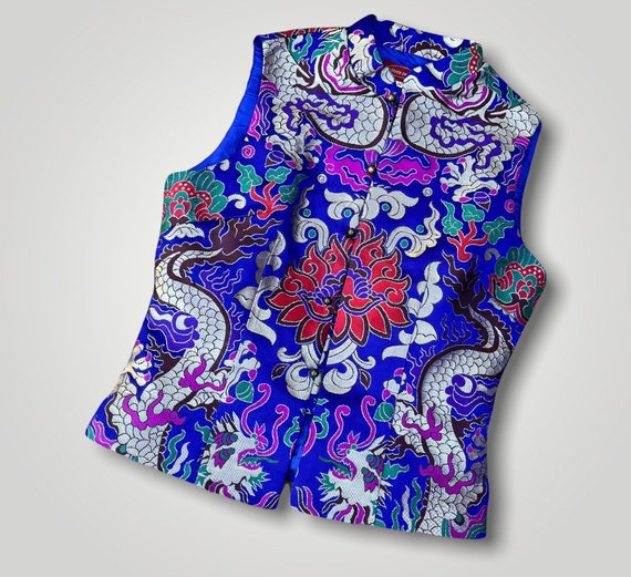 Vintage Blue Asian Dragon Vest 1980s 1990s  Blue … - image 1