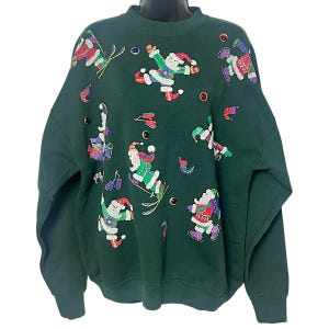 Vintage Ugly Christmas Santa Sweatshirt 1980s 1990s Jeweled Hand Painted Grandmacore Cottagecore Holiday Party Tacky Sweater Size XL
