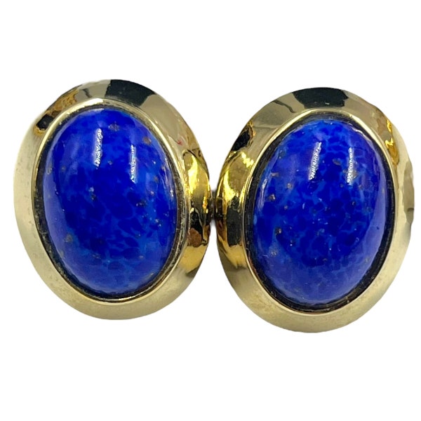 Vintage 1980s 1990s Ellen Designs Earrings Chunky Runway Couture Gold Dome Faux Lapis Art Glass Designer Statement Jewelry