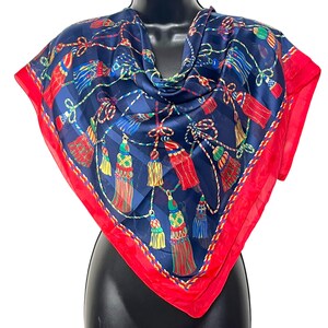 Vintage Berkshire Colorful Nautical Scarf 1980s 1990s Sheer Silky Polyester Square Rope Tassel Print Retro Ladies Statement Accessory