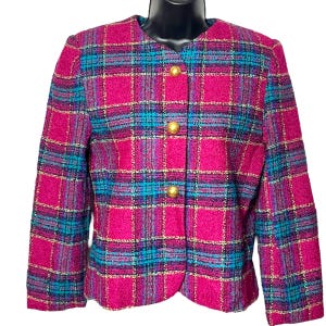 Vintage Fuchsia Plaid Blazer Jacket 1980s 1990s Retro Pink Chunky Boucle Designer Quality Matte Gold Buttons by Koret Petites S M