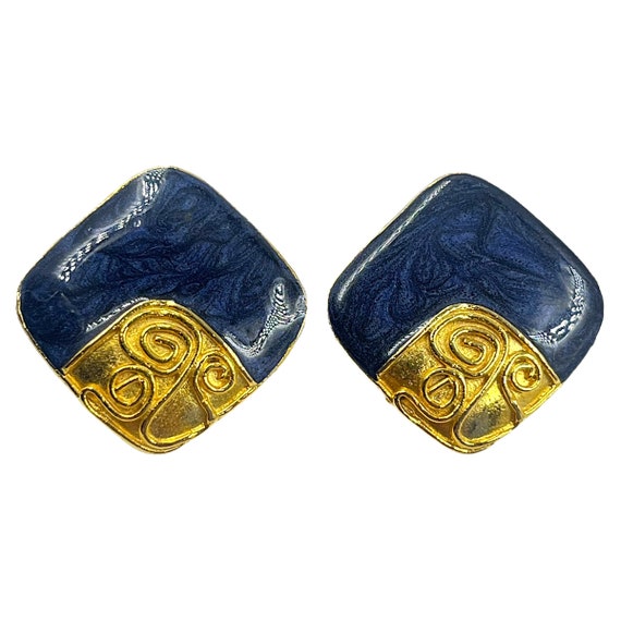 Vintage Blue Enamel Earrings 1980s 1990s Chunky Ru