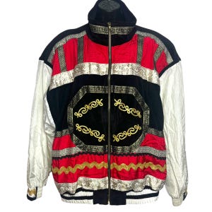 Vintage Embellished Nylon Windbreaker 1980s 1990s Black White Red Gold Embroidered Jacket Oversized Retro Statement Size XL by Indications