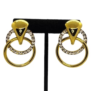 AMAZING Vintage Rhinestone Drop Earrings 1980s 1990s Runway Couture Gold Tone Crystal Door Knocker Hoop Drops Statement Jewelry