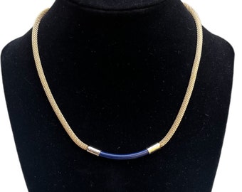 DAINTY Vintage Gold Mesh Navy Enamel Necklace 1980s 1990s Sarah Coventry Minimalist Choker Classic Chain Designer Jewelry