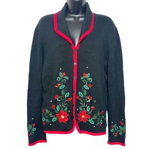 Vintage Tiara Christmas Poinsettia Sweater Jacket 1990s Y2K Grandmacore Cottagecore Button Up Cardigan Holiday Party Ugly Tacky Sz L XL