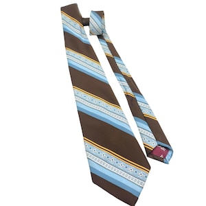 Vintage 1960s 1970s Polyester Tie Necktie by Par Excellence Midcentury Wide Brown Blue Stripe MCM Accessory Retro Costume