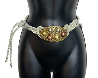 Vintage Artisan Brass & Cord Belt: Abstract Brutalist Mixed Metal, Size M-L