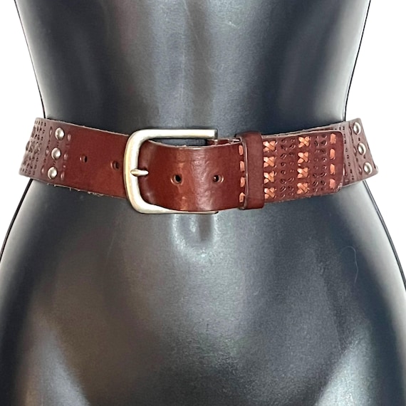 Western Brown Vegan Leather Studded Buckle Belt Studded Western Belt - Brown | Levi main image 2