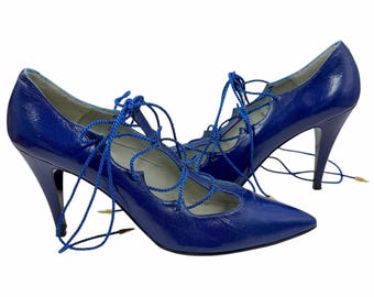 Vtg TOTAR Cobalt Blue Leather Lace Up Gladiator Heels Point Toe Pumps 8N 80s 90s
