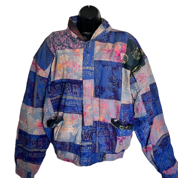Vintage Boho Batik Patchwork Jacket 1980s 1990s Colorful Bohemian Hippie Grunge Quilted Guci Dewata Made in Bali Indonesia Size L