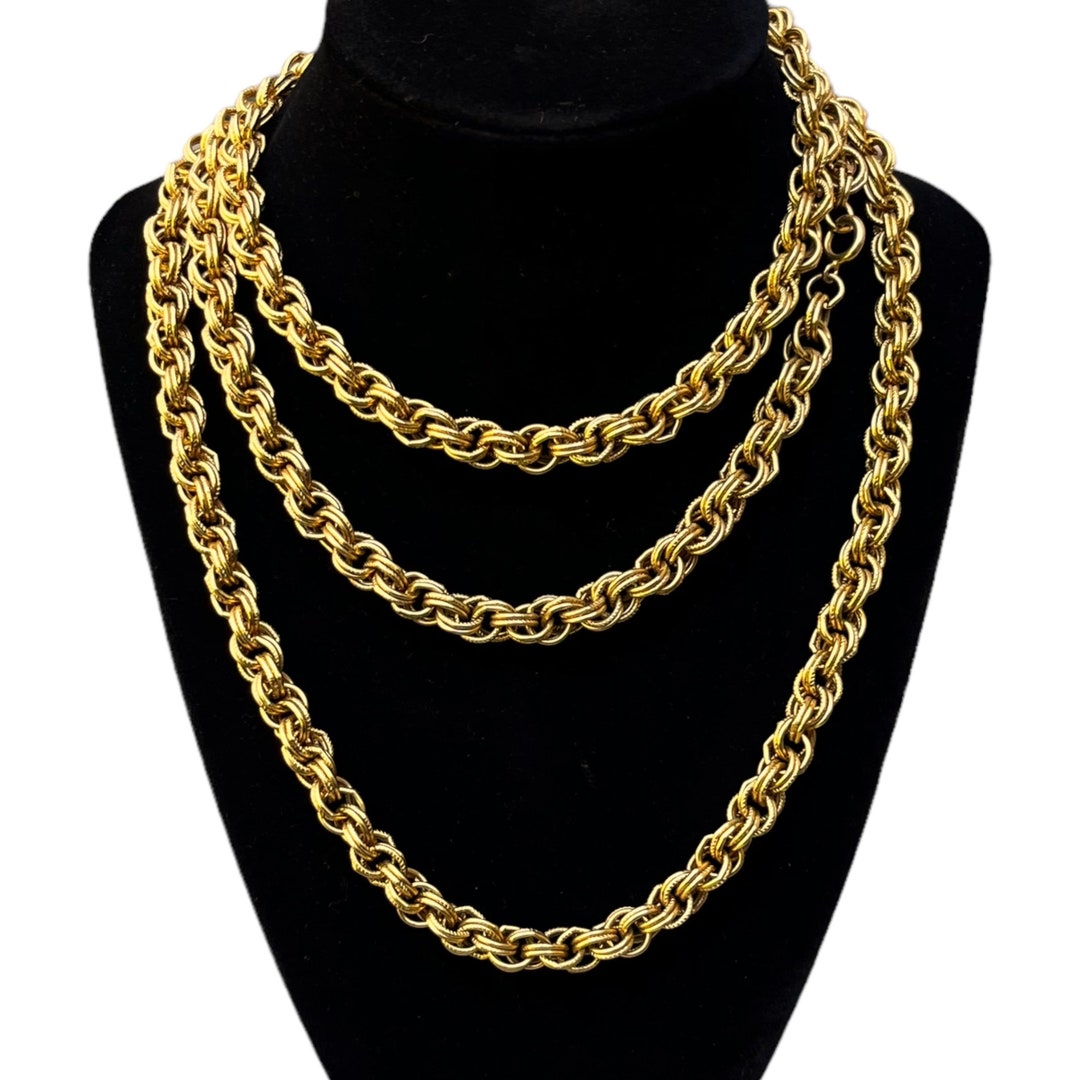 Vintage Extra Long Gold Chain Necklace 1980s 1990s Heavy Oversized Brushed Textured Polished