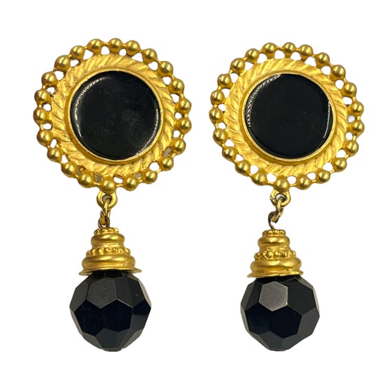 Vintage Black Enamel Drop Earrings 1980s 1990s Ru… - image 1