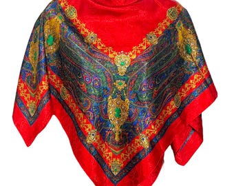 Bufanda vintage en tonos joya: Estampado heráldico real de los años 80 y 90