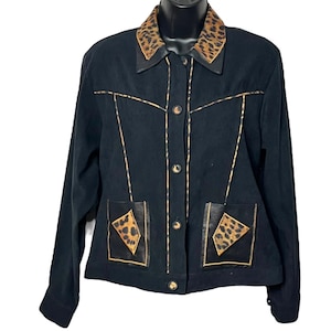 Vintage Saint Germain Paris Jacket 1980s 1990s Black & Animal Print Faux Suede Leopard Cheetah Embellished Coat Blazer Size M