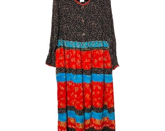 Vestido bohemio vintage Carole Little Rayon: patchwork de los años 80, talla grande 14