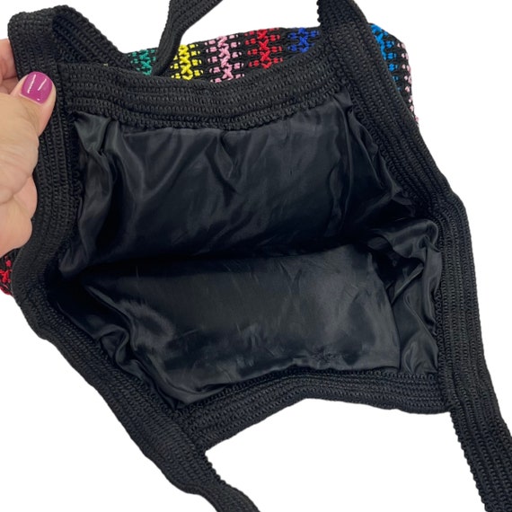 Vintage Black Rainbow Tote Bag Purse Woven Stripe… - image 6