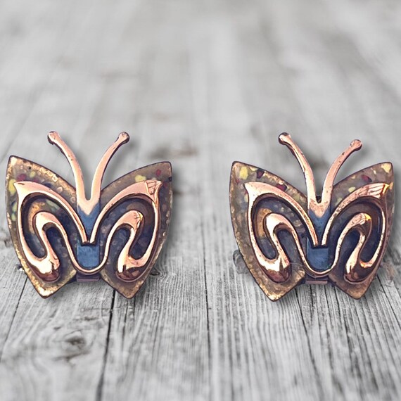 Vintage Copper MCM Butterfly Earrings 1960s 1970s… - image 1